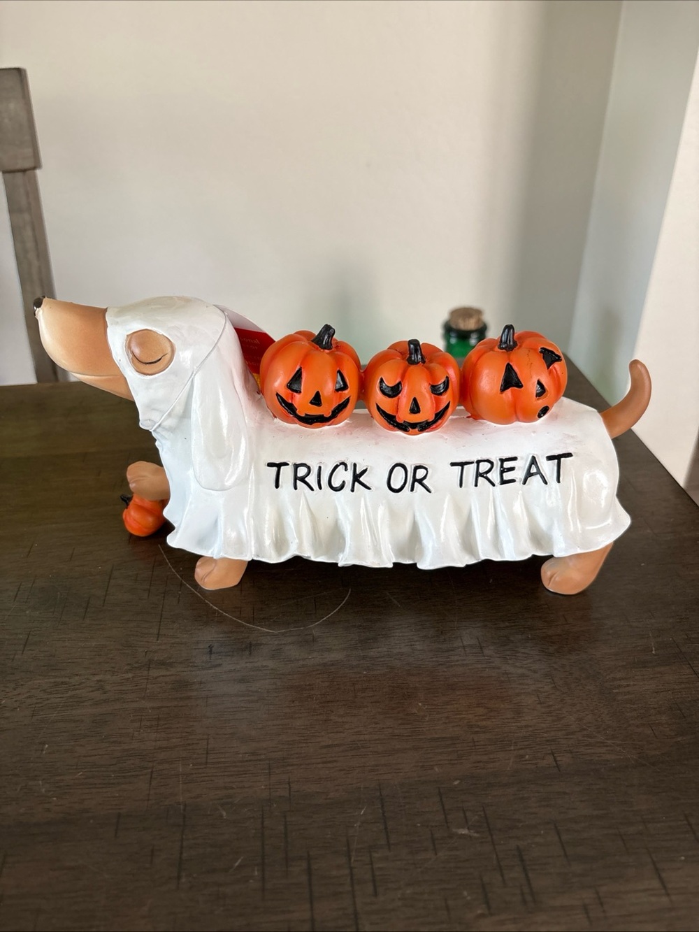 Halloween Dachshund Trick or Treat Dog Figurine - White and Orange